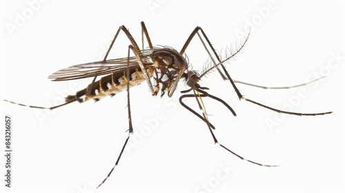 Macro shot of a mosquito against a white backdrop, showcasing its extended legs and proboscis