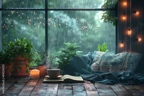 Rainy day vibes. A cozy window seat with a view of the rain. A cup of tea, a good book, and a soft blanket. Perfect for a day of relaxation.