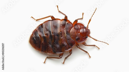 Bed bug crawls on a plain white surface, showcasing its segmented body and six legs