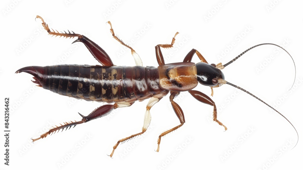 Close-up of a european earwig insect against a white backdrop, highlighting its intricate brown and black markings Close-up of a european earwig insect against a white backdrop, highlighting its intricate brown and black markings