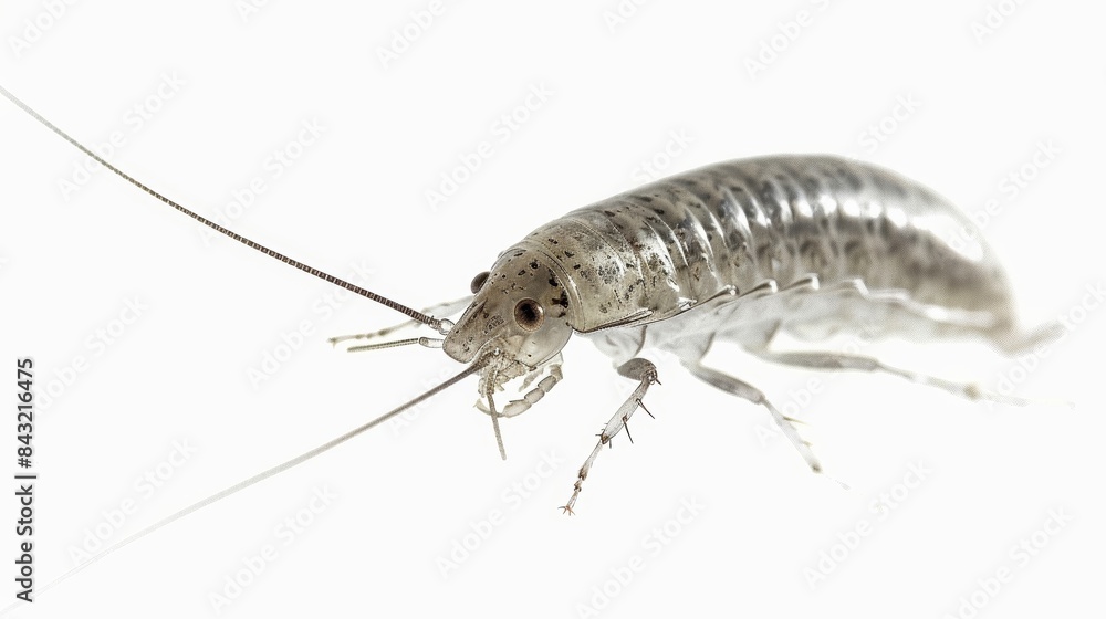 Close-up of a silverfish insect crawling on a white background, showing its segmented body and long antennae Close-up of a silverfish insect crawling on a white background, showing its segmented body and long antennae