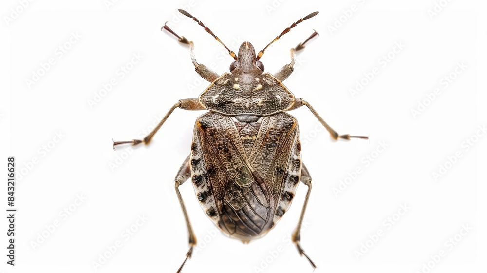 Single brown marmorated stink bug standing on a white background showing its underside Single brown marmorated stink bug standing on a white background showing its underside