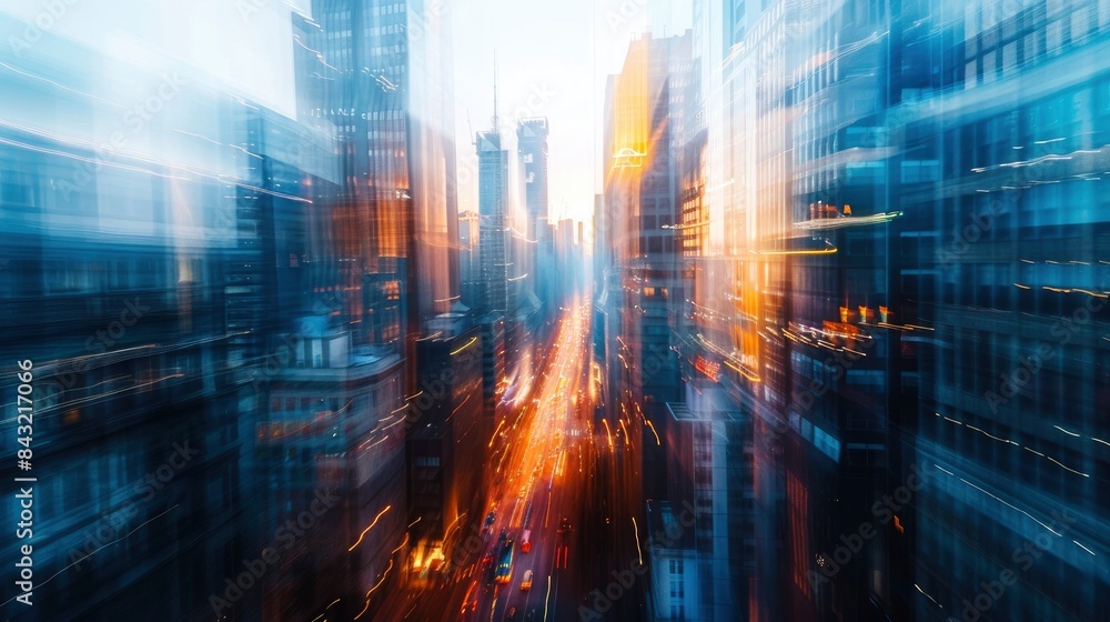 Naklejka premium Abstract blurred image of buildings in the city, banner background, created by ai