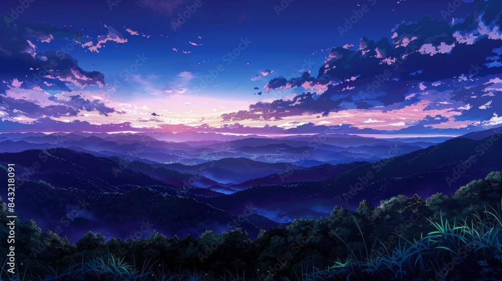 Fototapeta premium A dusk sky with deep purples and blues over rolling hills, Japanese animation background