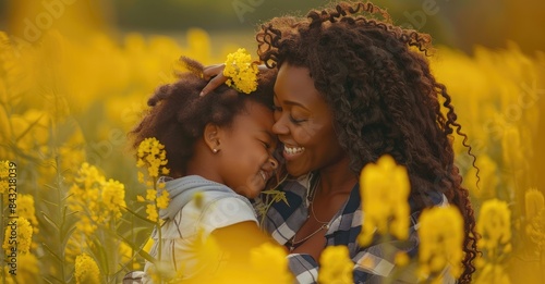 A black mother with long curly hair wearing a flannel shirt is smiling and putting a yellow flower on her mixed race daughter's head in a field of canola flowers. The photo was