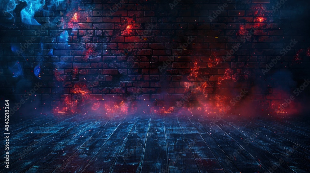 Dark basement room, empty old brick wall, sparks of fire and light on the walls and wooden floor. Dark background with smoke and bright highlights. neon lamps on the wall, night view, made by ai Dark basement room, empty old brick wall, sparks of fire and light on the walls and wooden floor. Dark background with smoke and bright highlights. neon lamps on the wall, night view, made by ai