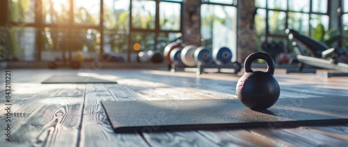 A blurred background of the interior gym with sports equipment, in front there is an iron kettlebell and white foam mat dense gel tube on the wooden floor,