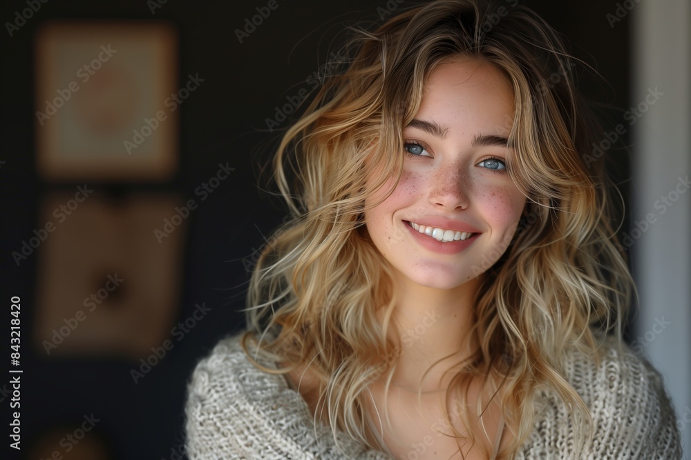 A close-up portrait of a young woman with blonde, wavy hair smiling in a studio setting A close-up portrait of a young woman with blonde, wavy hair smiling in a studio setting