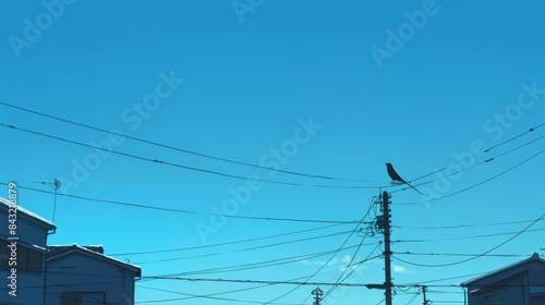 A clear sky with a single bird perched on a telephone wire in a suburban area, Japanese animation background © Jojo