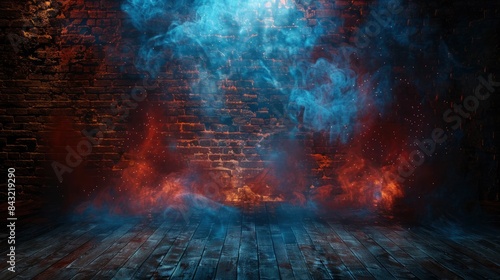 Wallpaper Mural Dark basement room, empty old brick wall, sparks of fire and light on the walls and wooden floor. Dark background with smoke and bright highlights. neon lamps on the wall, night view, made by ai Torontodigital.ca