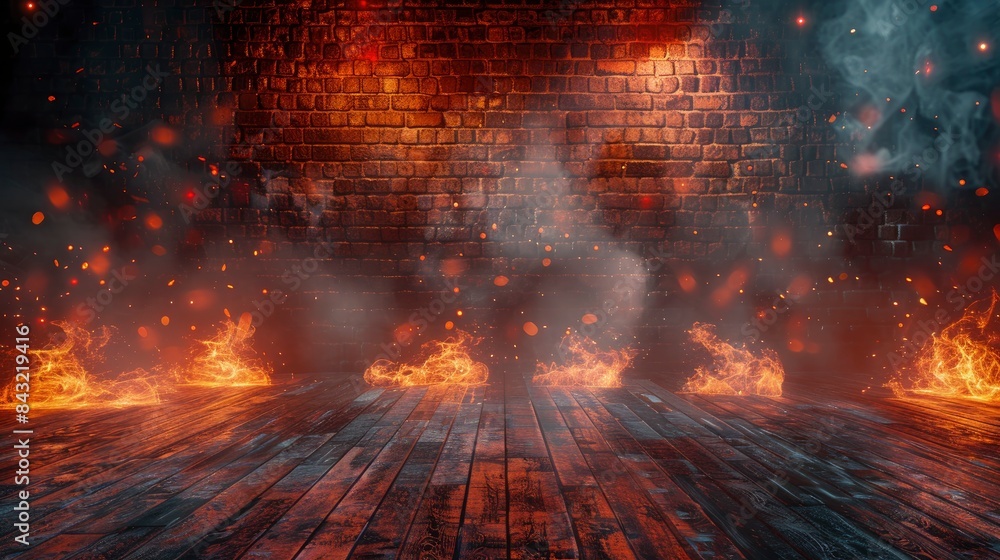 Dark basement room, empty old brick wall, sparks of fire and light on the walls and wooden floor. Dark background with smoke and bright highlights. neon lamps on the wall, night view, made by ai Dark basement room, empty old brick wall, sparks of fire and light on the walls and wooden floor. Dark background with smoke and bright highlights. neon lamps on the wall, night view, made by ai
