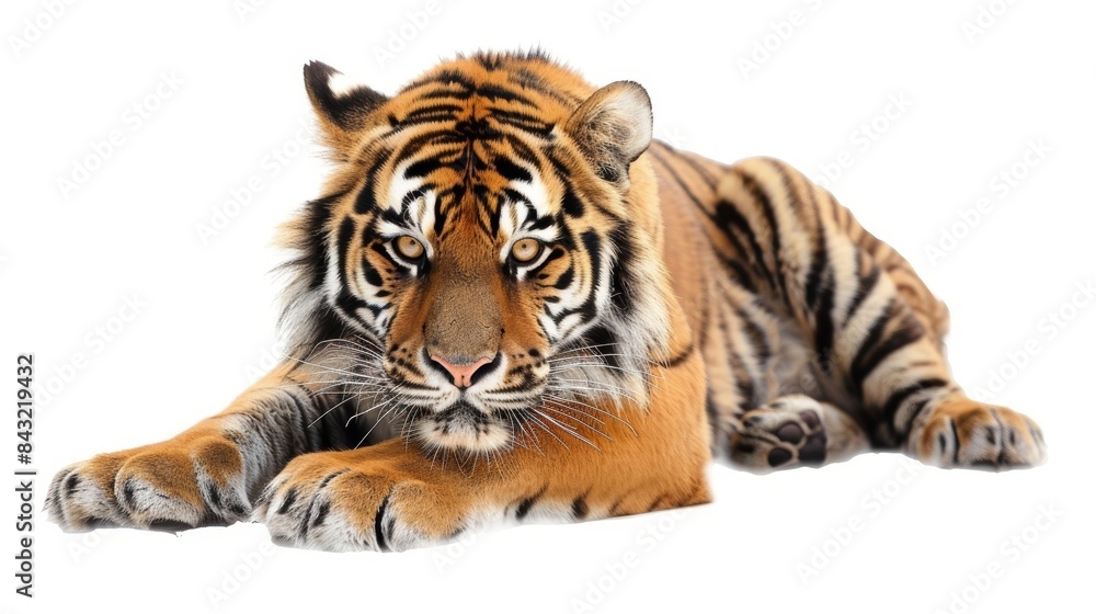 Obraz premium Majestic tiger lies peacefully. Gazing intensely ahead with its striking orange and black stripes against a white background