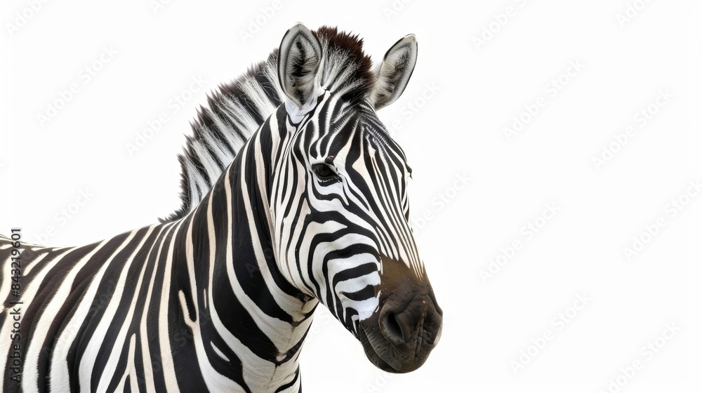 Beautiful zebra with black and white stripes is posing for a portrait on a white background Beautiful zebra with black and white stripes is posing for a portrait on a white background