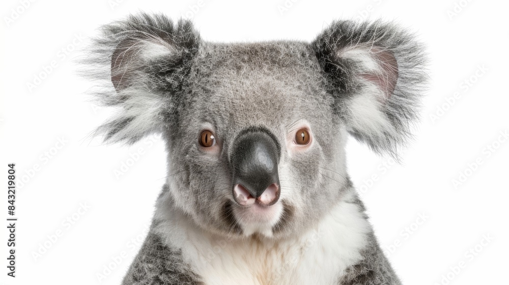 Australian koala bear sitting calmly and gazing at the camera on a simple white background - ideal for nature and animal enthusiasts Australian koala bear sitting calmly and gazing at the camera on a simple white background - ideal for nature and animal enthusiasts