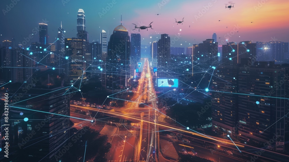 Smart city with connecting network and internet of things digital graphics over the skyline AIG41