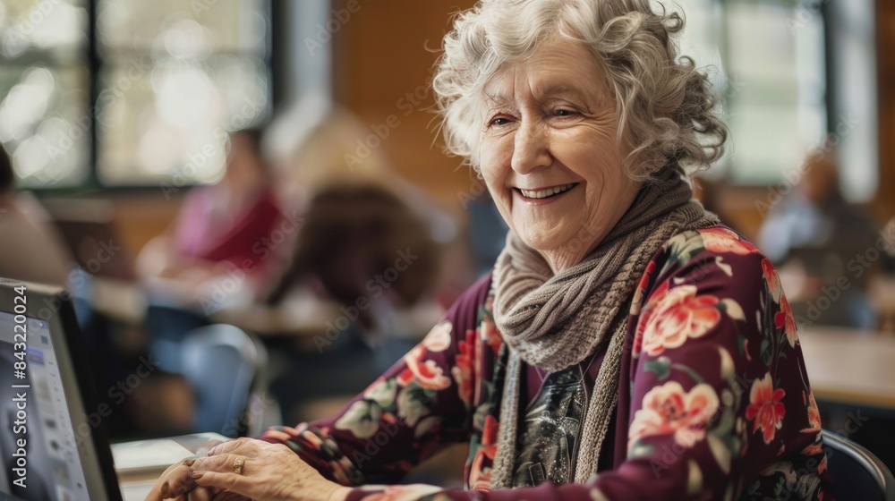 A woman with a floral print scarf is smiling while using a laptop A woman with a floral print scarf is smiling while using a laptop
