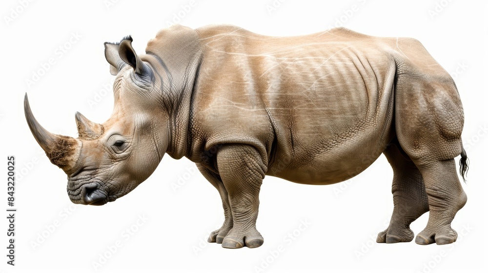 Obraz premium Majestic white rhinoceros stands proudly against a clean white background, showcasing its impressive horn and textured gray-brown skin