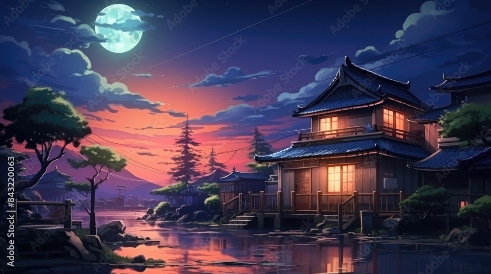 Obraz premium house at night with full moon view, anime cartoon style 
