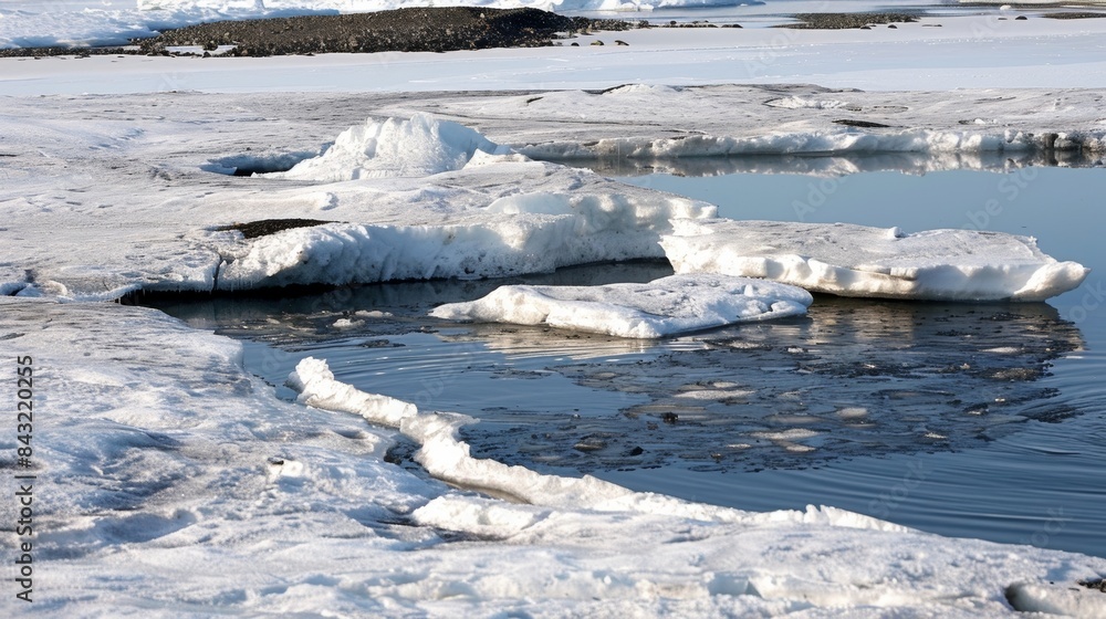 The rapidly changing landscape of a sea ice melt pond constantly evolving due to the forces of nature. The rapidly changing landscape of a sea ice melt pond constantly evolving due to the forces of nature.