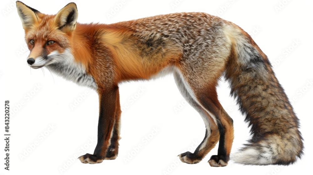 Fototapeta premium Stunning red fox stands gracefully, gazing off to the left in its natural habitat. The image captures the beauty of wildlife with its alert and curious expression against a white background