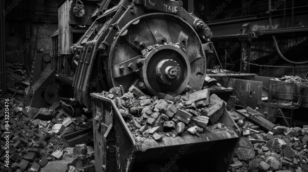 Black and white photo of a destroyed industrial machine