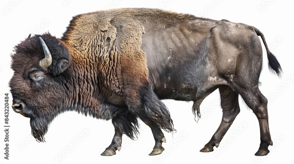 Powerful male bison confidently struts in a studio shot, showcasing its strength and masculinity against a white background Powerful male bison confidently struts in a studio shot, showcasing its strength and masculinity against a white background