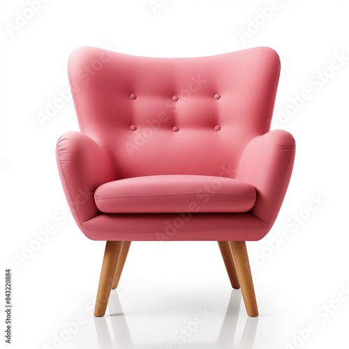 Elegant pink armchair with wooden legs isolated on white background 3d rendering