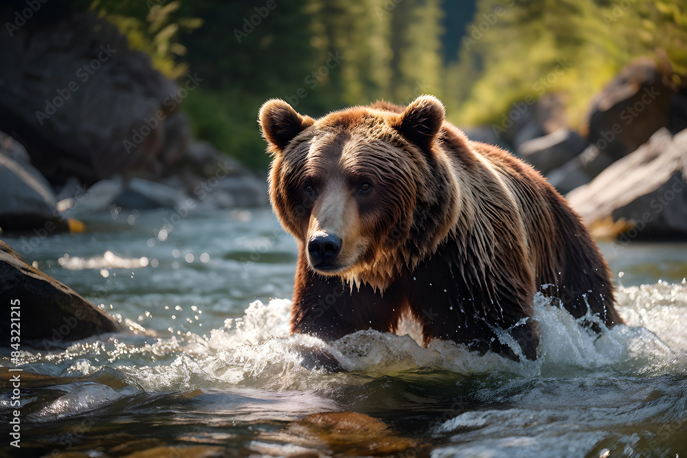 A brown bear’s powerful presence captured in the river A brown bear’s powerful presence captured in the river