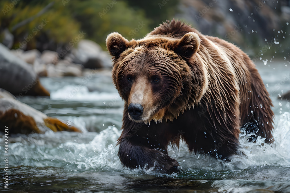 Dynamic brown bear splashing through a serene river Dynamic brown bear splashing through a serene river