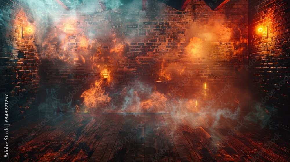 Dark basement room, empty old brick wall, sparks of fire and light on the walls and wooden floor. Dark background with smoke and bright highlights. neon lamps on the wall, night view, made by ai Dark basement room, empty old brick wall, sparks of fire and light on the walls and wooden floor. Dark background with smoke and bright highlights. neon lamps on the wall, night view, made by ai