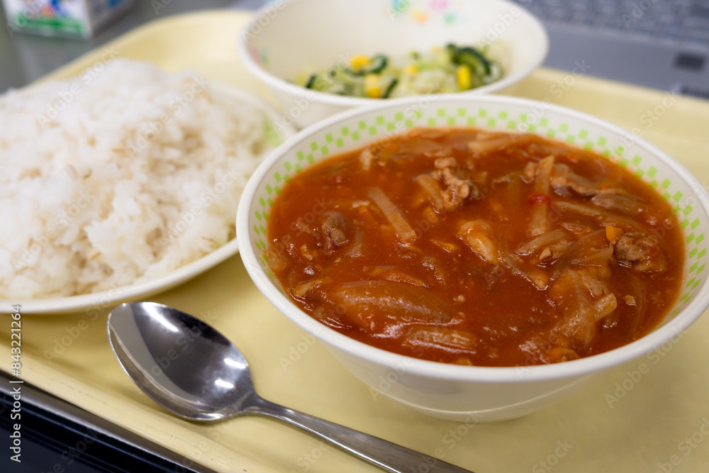 Hayashi rice is served as a school lunch in Japan. Hayashi rice is served as a school lunch in Japan.