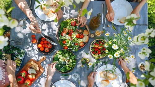 A top view of friends eating lunch together at an outdoor table. Plates with salad and bread on the grey linen-clothed table  hands holding cutlery  fresh fruits in small bowls   