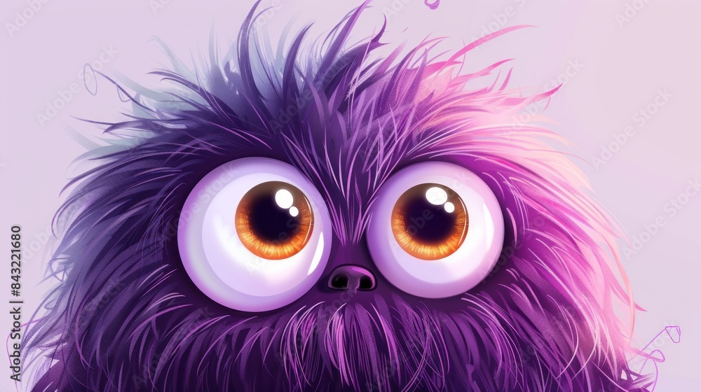 A cartoonish creature with big eyes and a fuzzy, purple mane