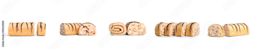 Set of sweet sponge cake roll on white background Set of sweet sponge cake roll on white background