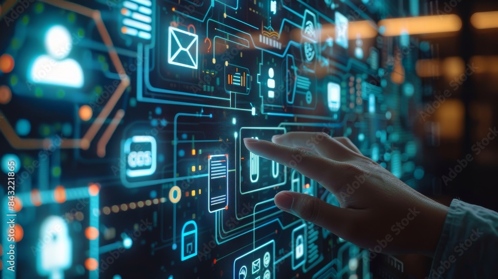 Person is touching a screen with a lot of icons. Concept of technology and the importance of understanding and using it digital internet. Cyber security network data on protection management concept. Person is touching a screen with a lot of icons. Concept of technology and the importance of understanding and using it digital internet. Cyber security network data on protection management concept.