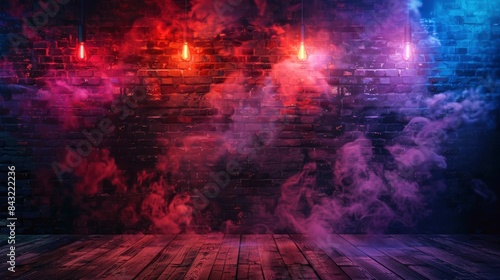 Dark basement room, empty old brick wall, sparks of fire and light on the walls and wooden floor. Dark background with smoke and bright highlights. neon lamps on the wall, night view, made by ai