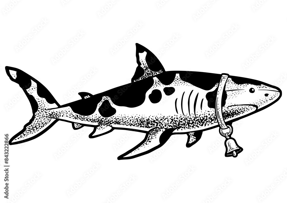 Shark cow abstract animal, sketch engraving PNG illustration. T-shirt apparel print design. Scratch board imitation. Black and white hand drawn image. Shark cow abstract animal, sketch engraving PNG illustration. T-shirt apparel print design. Scratch board imitation. Black and white hand drawn image.