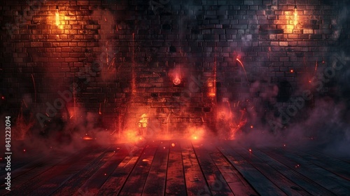 Dark basement room, empty old brick wall, sparks of fire and light on the walls and wooden floor. Dark background with smoke and bright highlights. neon lamps on the wall, night view, made by ai