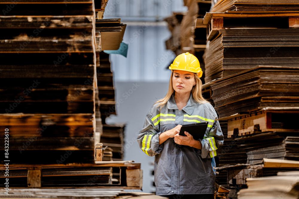 woman worker walking and checking stock items for shipping. Female inspecting the store factory. Logistics employees holding folders at on site warehouse area for shipping transportation. woman worker walking and checking stock items for shipping. Female inspecting the store factory. Logistics employees holding folders at on site warehouse area for shipping transportation.