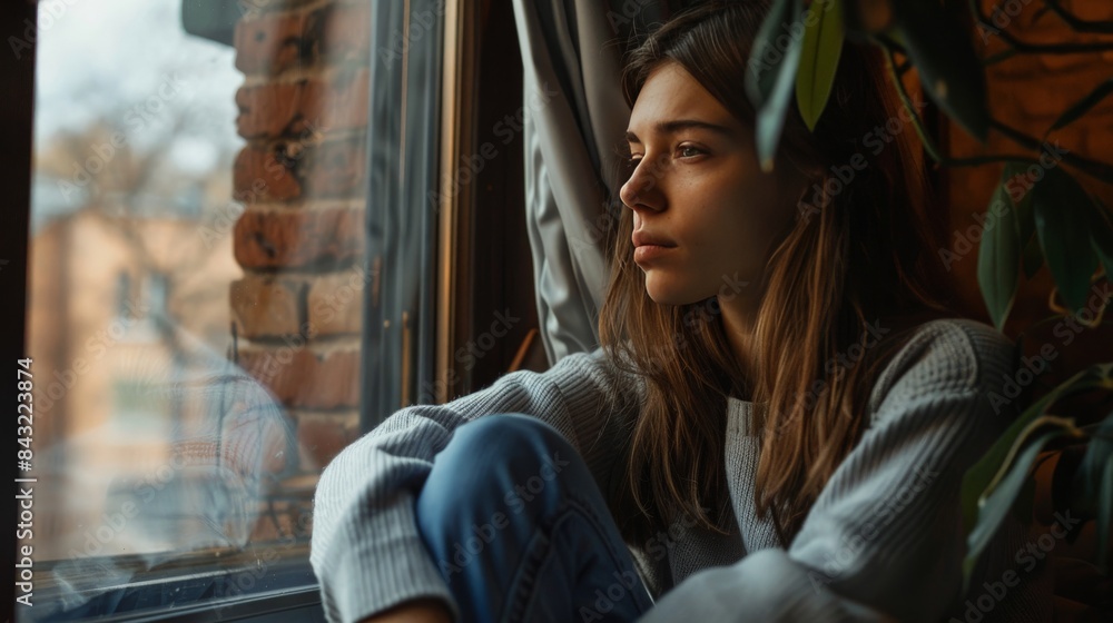 A woman is sitting in a window with a plant in front of her A woman is sitting in a window with a plant in front of her