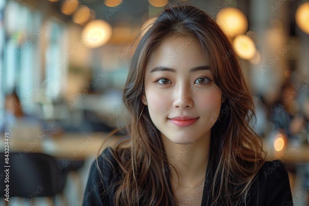 A professional Asian businesswoman works on her laptop in a modern cafe A professional Asian businesswoman works on her laptop in a modern cafe