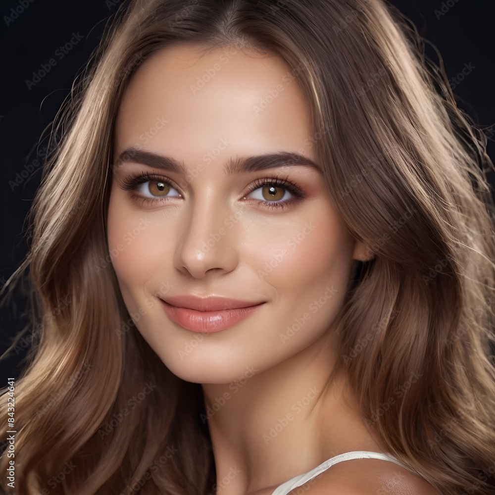 Pretty european beauty woman long hair with makeup glowing face and healthy facial skin portrait smile on isolated black background Pretty european beauty woman long hair with makeup glowing face and healthy facial skin portrait smile on isolated black background