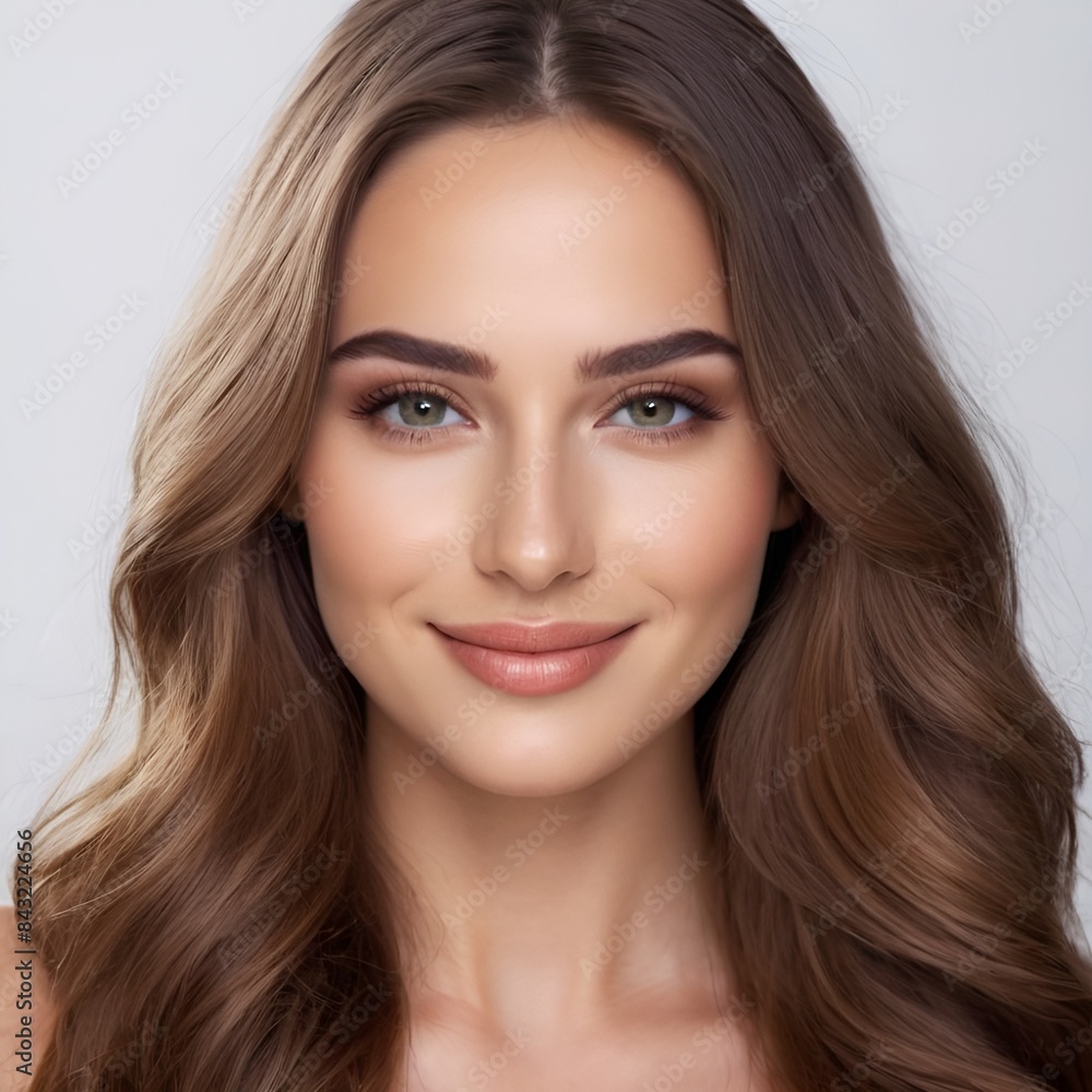 Pretty european beauty woman long hair with makeup glowing face and healthy facial skin portrait smile on isolated white background Pretty european beauty woman long hair with makeup glowing face and healthy facial skin portrait smile on isolated white background