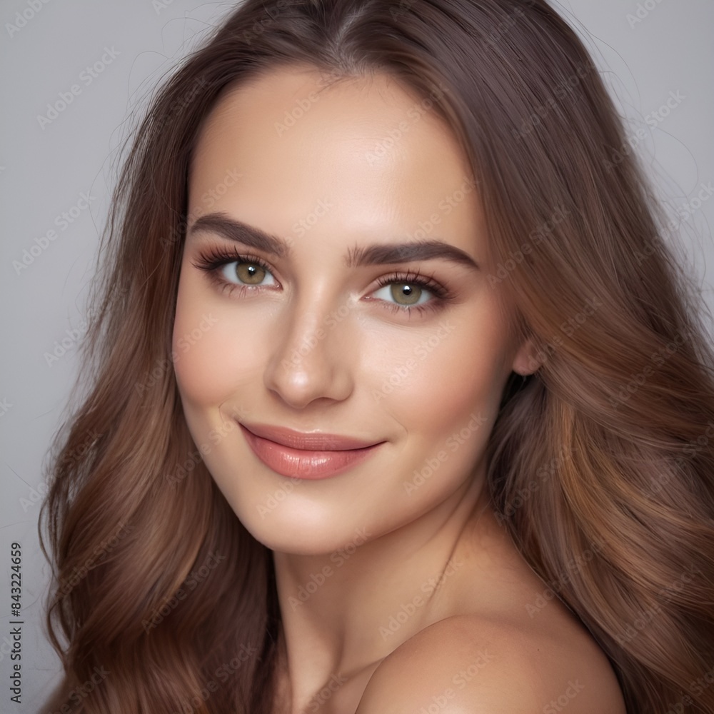Pretty european beauty woman long hair with makeup glowing face and healthy facial skin portrait smile on isolated white background Pretty european beauty woman long hair with makeup glowing face and healthy facial skin portrait smile on isolated white background