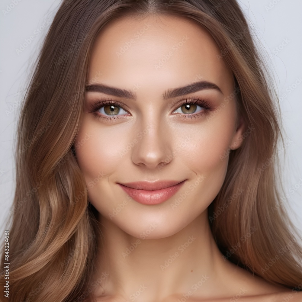 Fototapeta premium Pretty european beauty woman long hair with makeup glowing face and healthy facial skin portrait smile on isolated white background