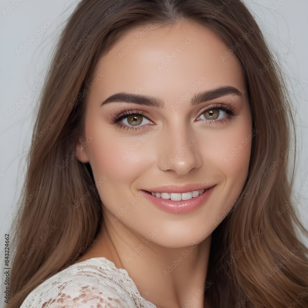 Fototapeta premium Pretty european beauty woman long hair with makeup glowing face and healthy facial skin portrait smile on isolated white background