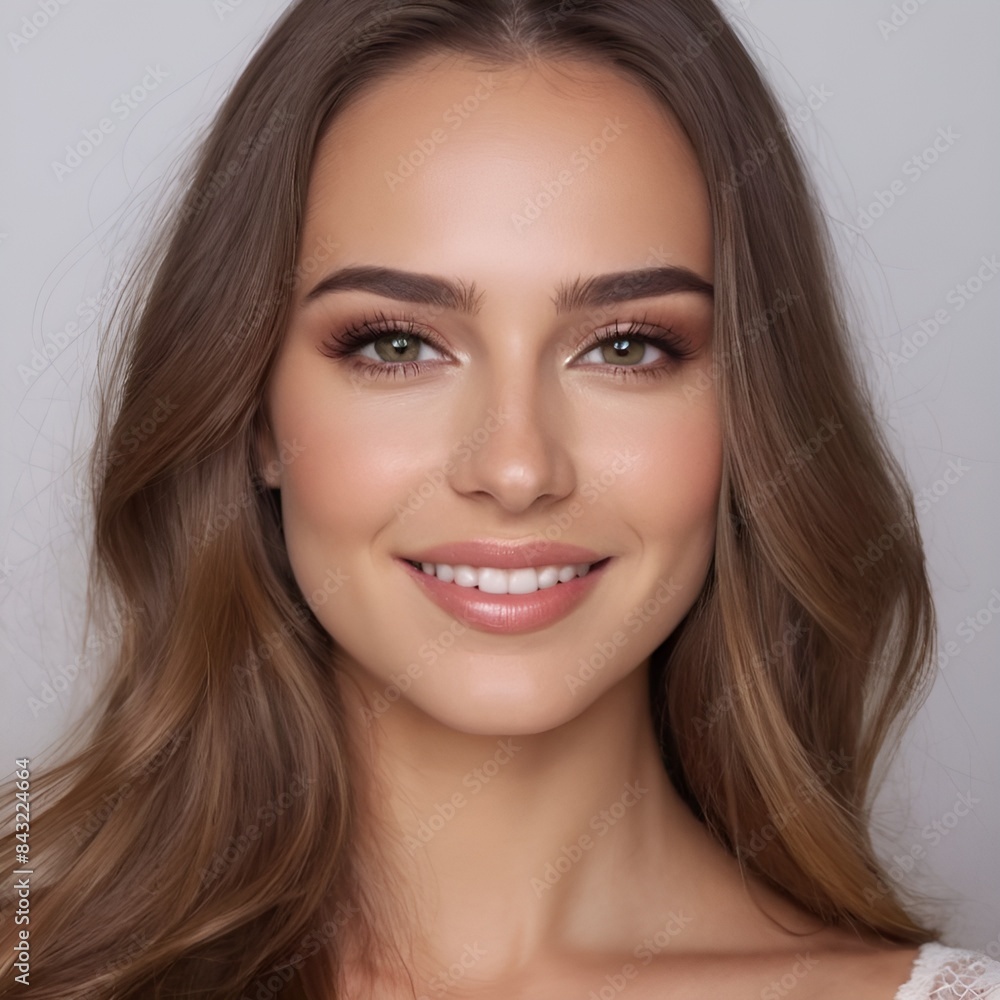 Fototapeta premium Pretty european beauty woman long hair with makeup glowing face and healthy facial skin portrait smile on isolated white background