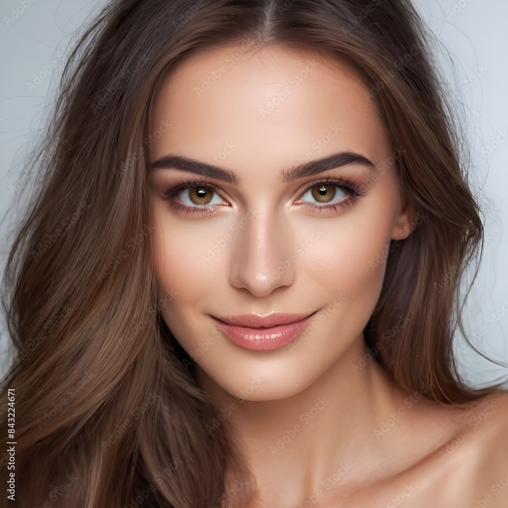 Pretty european beauty woman long hair with makeup glowing face and healthy facial skin portrait smile on isolated white background Pretty european beauty woman long hair with makeup glowing face and healthy facial skin portrait smile on isolated white background