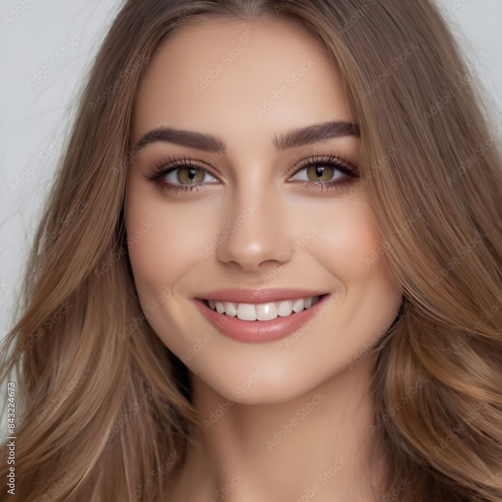 Pretty european beauty woman long hair with makeup glowing face and healthy facial skin portrait smile on isolated white background Pretty european beauty woman long hair with makeup glowing face and healthy facial skin portrait smile on isolated white background