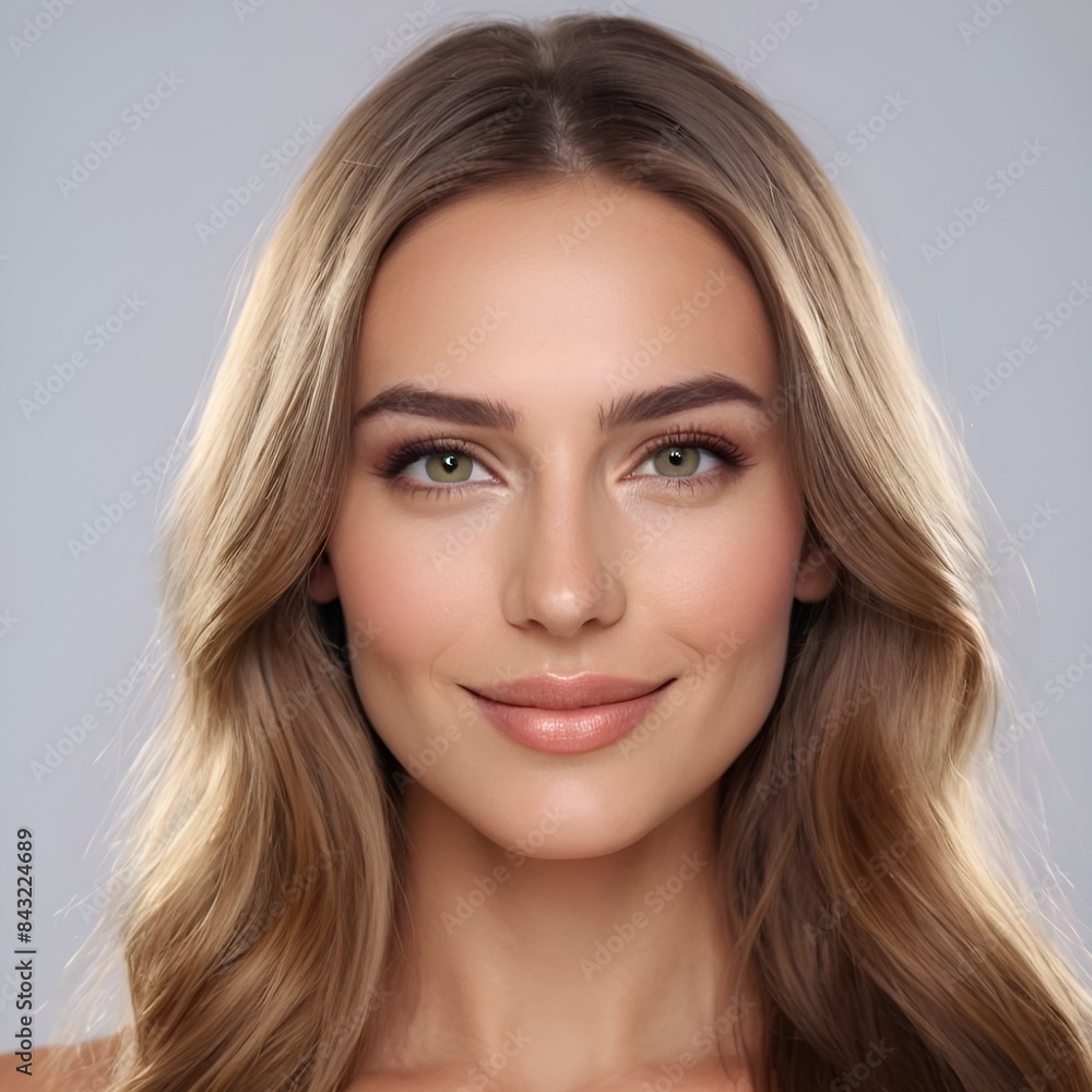 Pretty european beauty woman long hair with makeup glowing face and healthy facial skin portrait smile on isolated white background Pretty european beauty woman long hair with makeup glowing face and healthy facial skin portrait smile on isolated white background